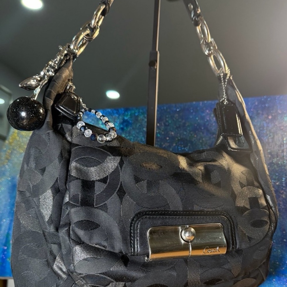 Coach Black Signature Jacquard Shoulder Bag with Chain Accent